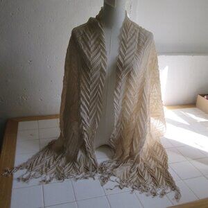 Vintage XL Beige w/ Fringe Pleated Scarf/Wrap 70x20